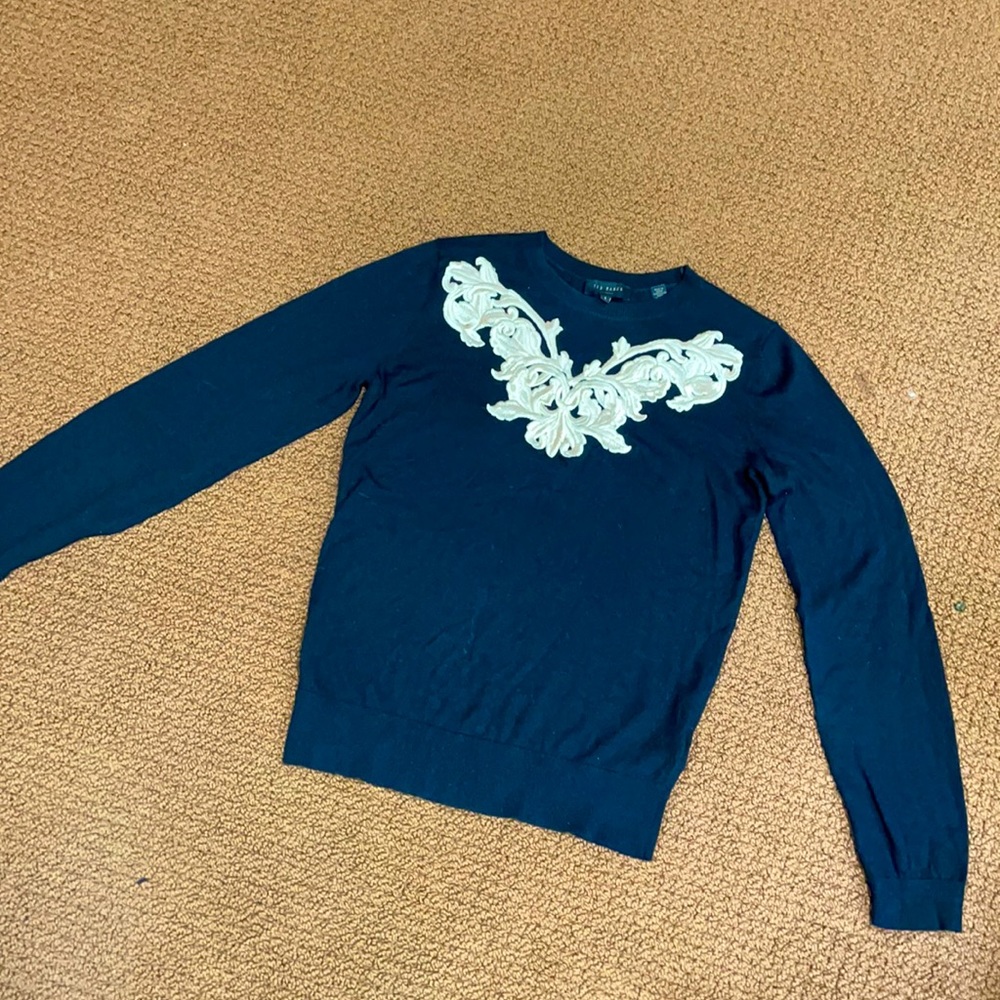 Ted Baker London Navy Sweater with Cream Embroidery